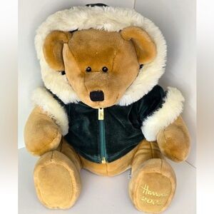HARRODS Vintage 2001 Holiday Teddy Bear Green Velvet Jacket & Fuzzy White Trim